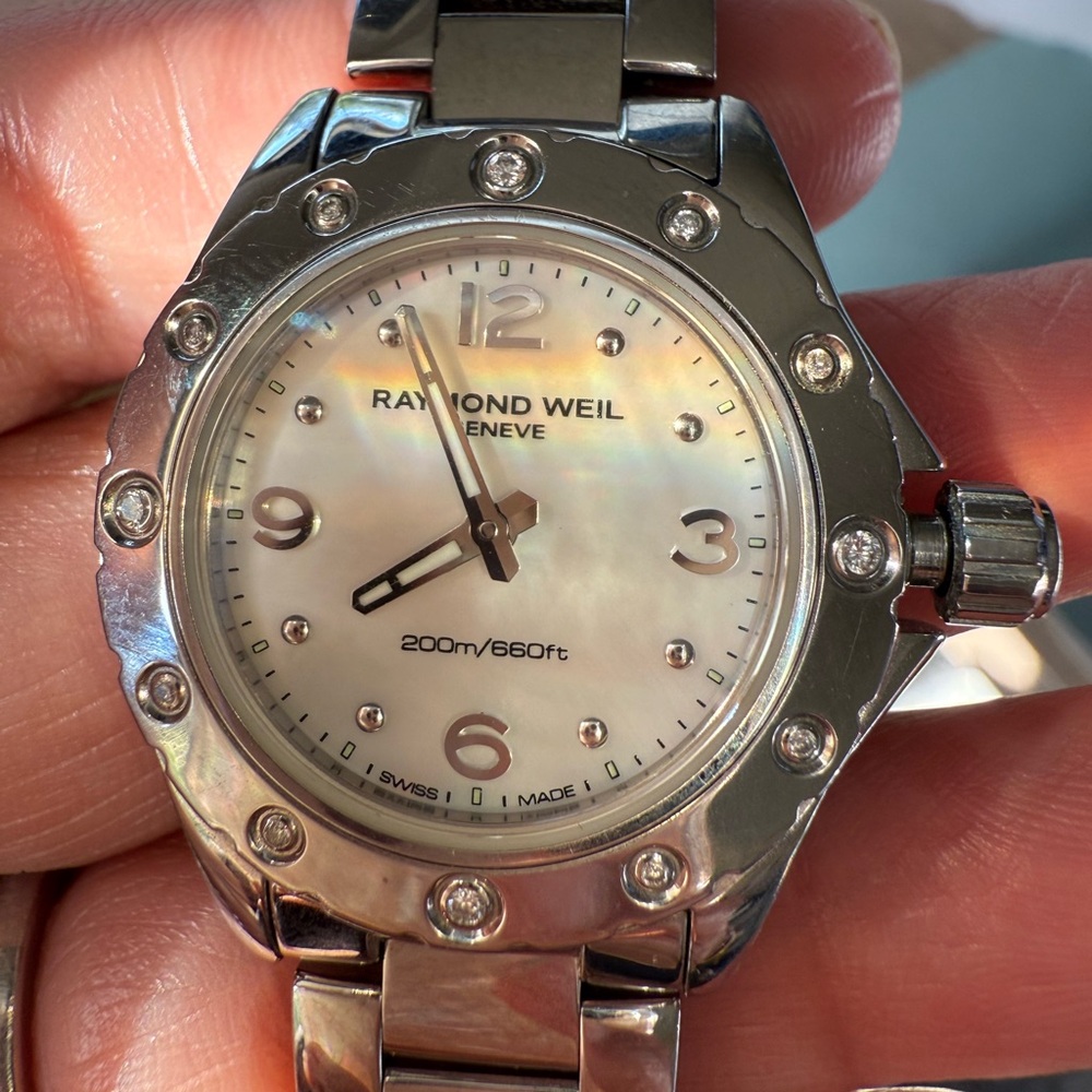 Raymond Weil Silver Timepiece with Iridescent Dial with Diamond markers